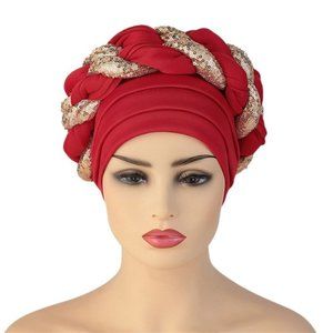 Red Turban Headband Beanie Braided Cap For Everyday Use or Parties
